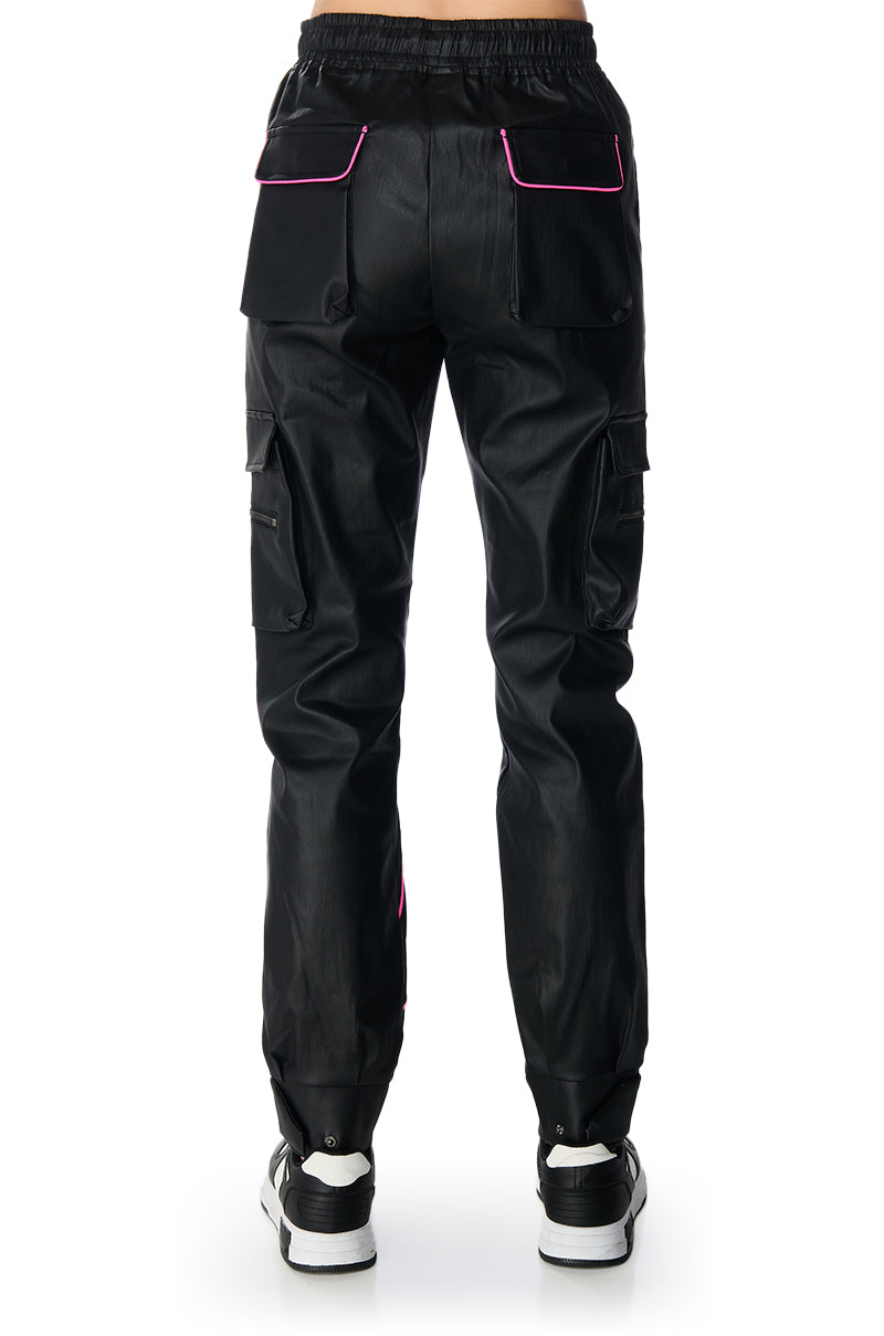 FAUX LEATHER JOGGER PANT WITH PINK PIPING