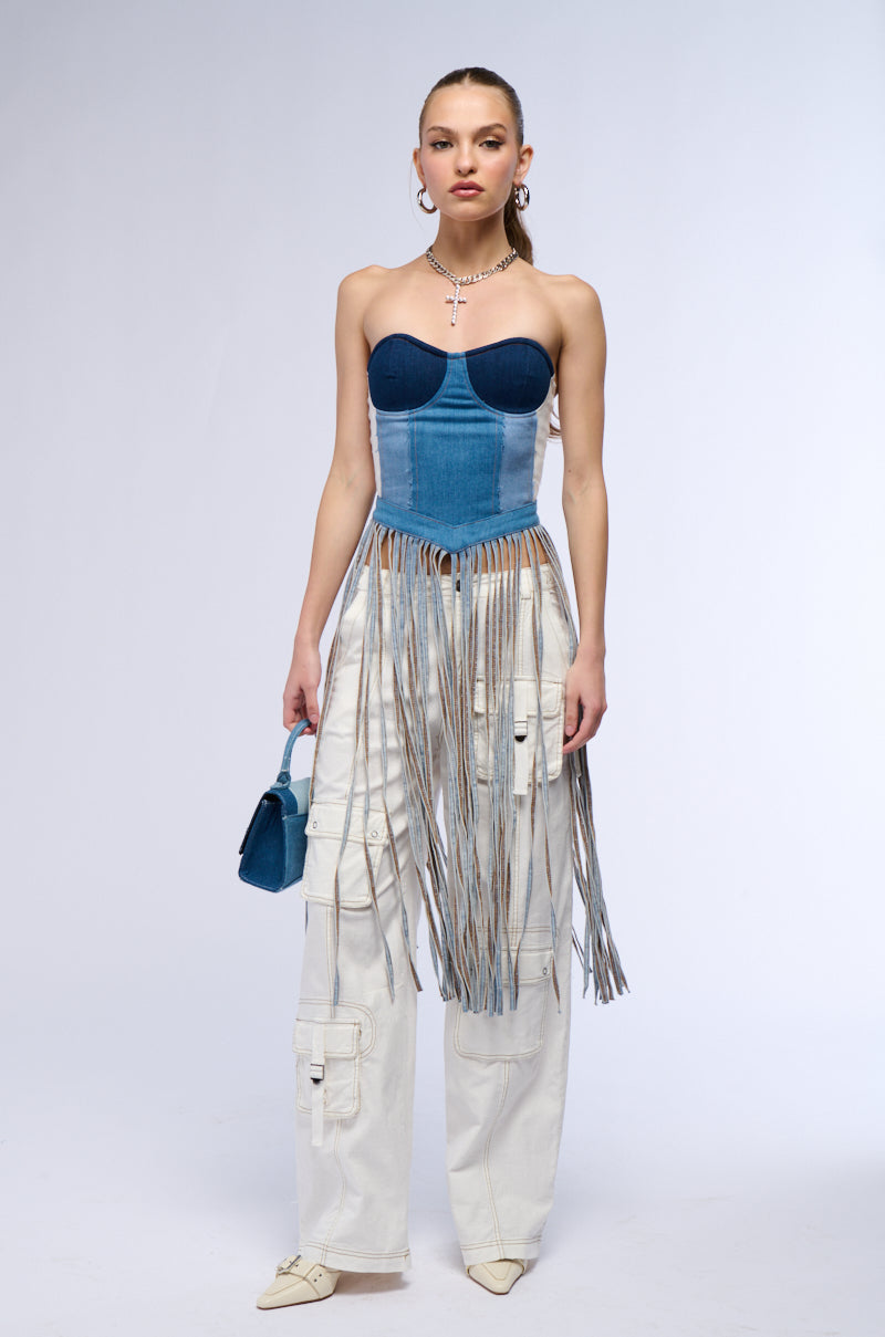 SADDLE UP DENIM FRINGE STRAPLESS CORSET TOP