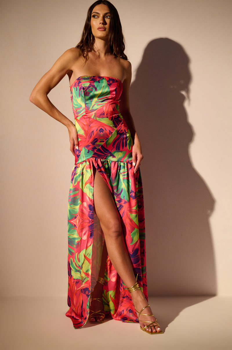 TROPICAL GETAWAY SATIN PRINTED MAXI DRESS