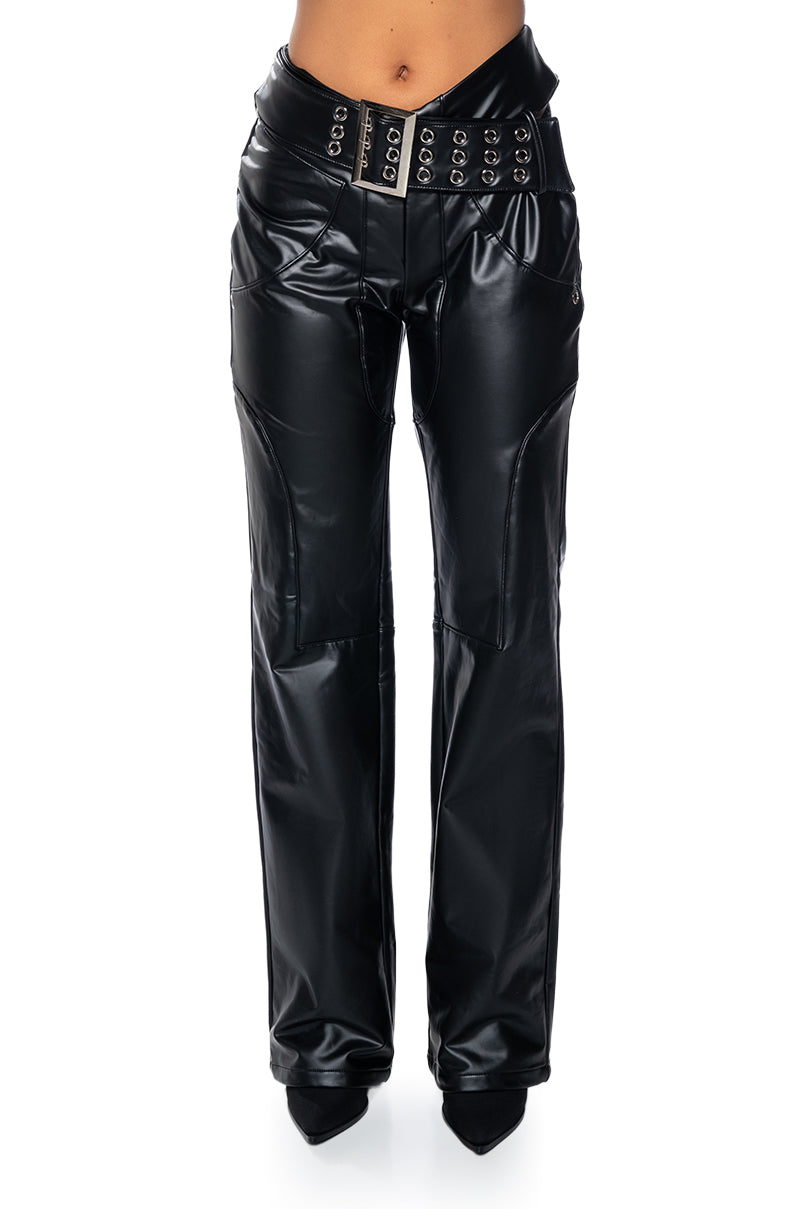 INVEST IN ME FAUX LEATHER FLARE LEG BELTED PANT