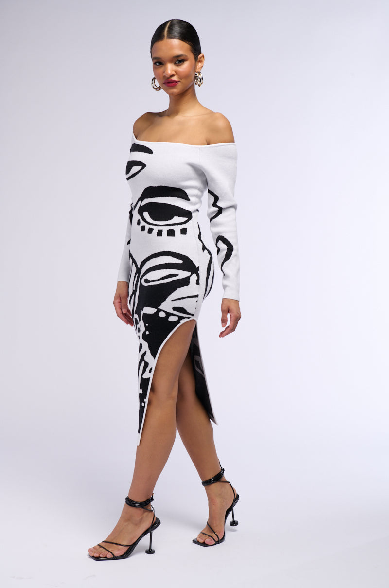 LOOK AT ME ABSTRACT PRINT KNIT MIDI DRESS