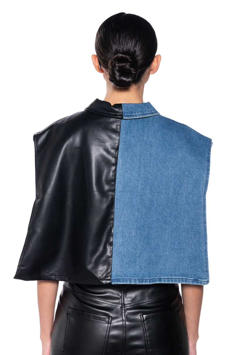 LOW RIDER HALF PU CROP DENIM VEST WITH CAPE