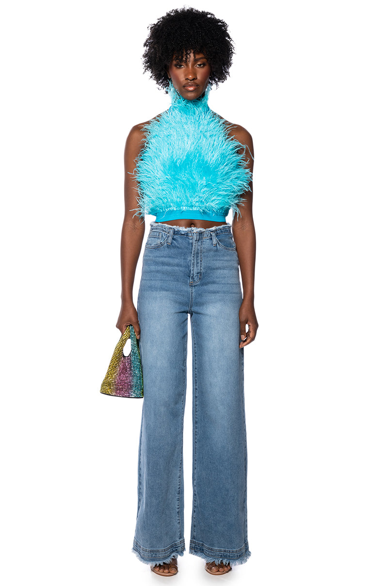 GENUINE OSTRICH FEATHER SLEEVELESS CROPPED HALTER BLOUSE IN BLUE