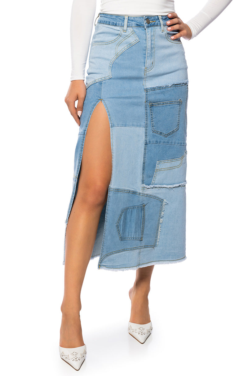 ANGEL PATCHWORK DENIM MAXI SKIRT