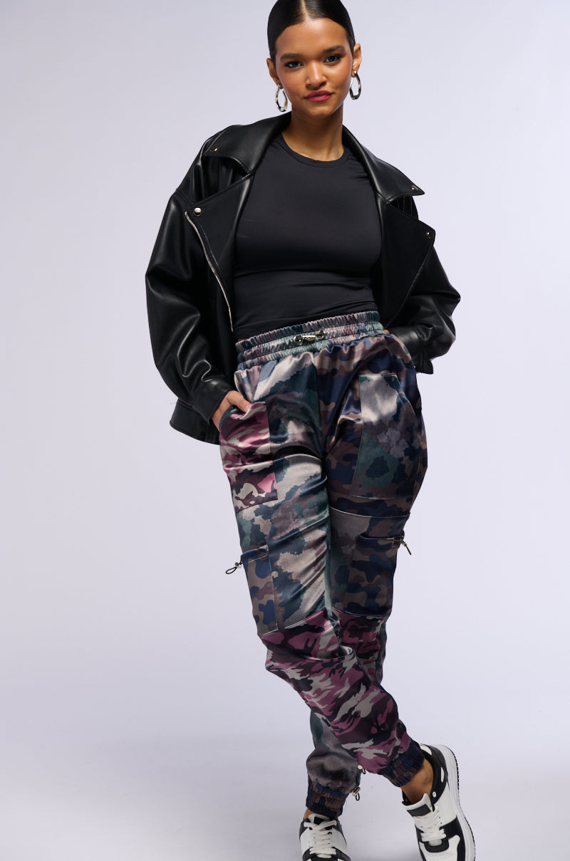 AT YOUR SERVICE SATIN CAMO PRINT JOGGER