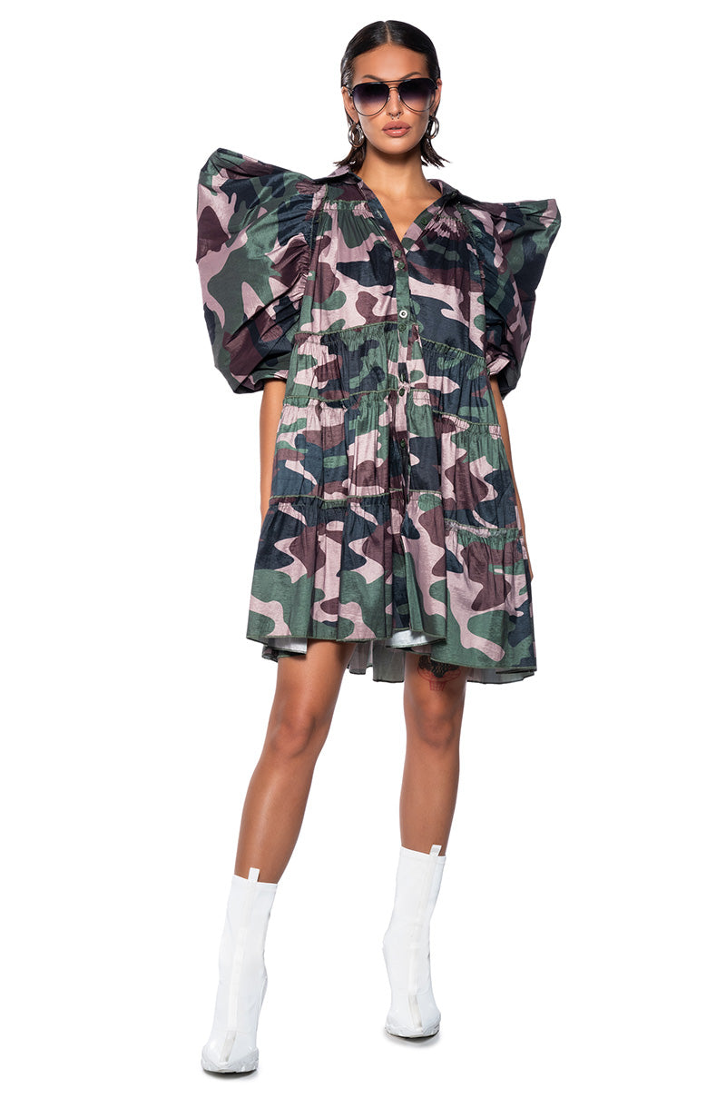 RUFFLE SLEEVE CAMO PRINT TRAPEZE MINI DRESS