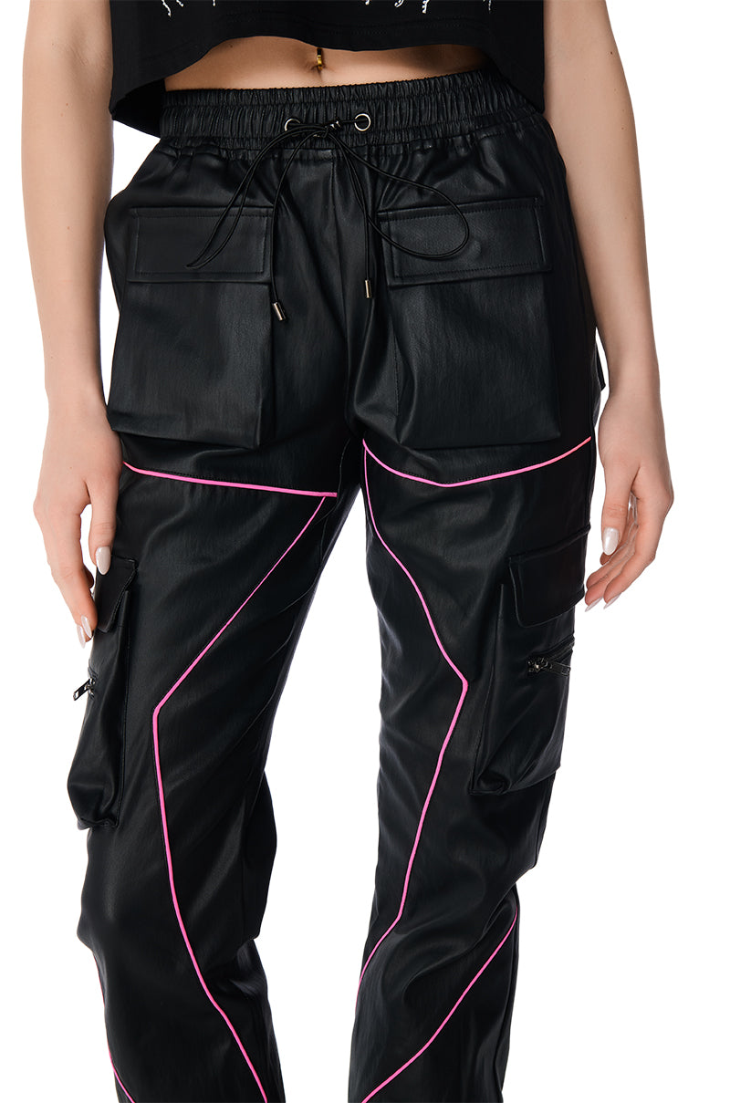 FAUX LEATHER JOGGER PANT WITH PINK PIPING