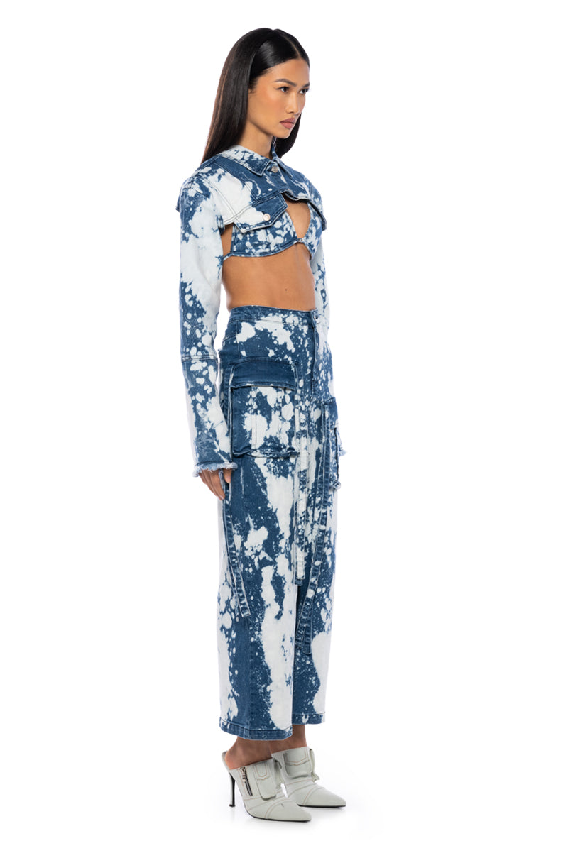 HEY NOW ACID WASH CARGO DENIM MAXI SKIRT