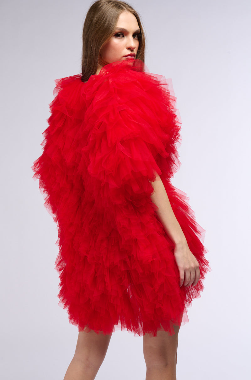 WANNA BE LOVED BY YOU TULLE WRAP SHRUG IN RED