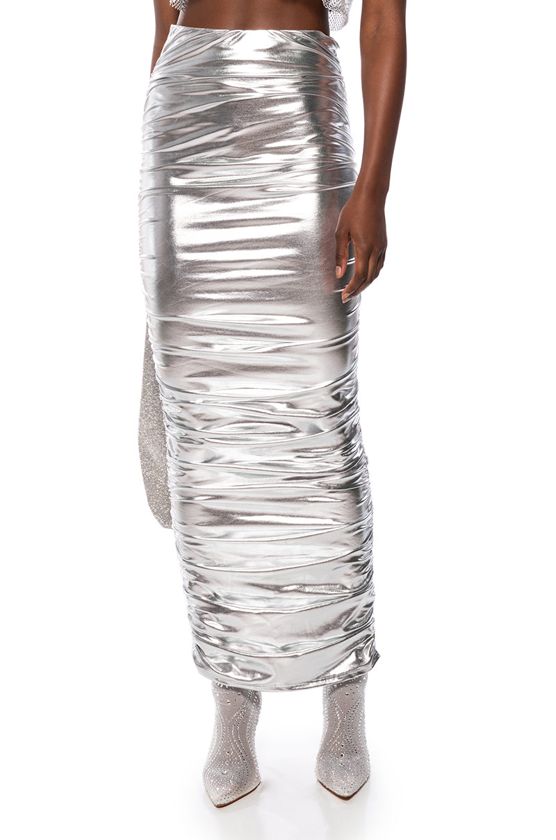 ANGEL ENERGY METALLIC MIDI SKIRT IN SILVER