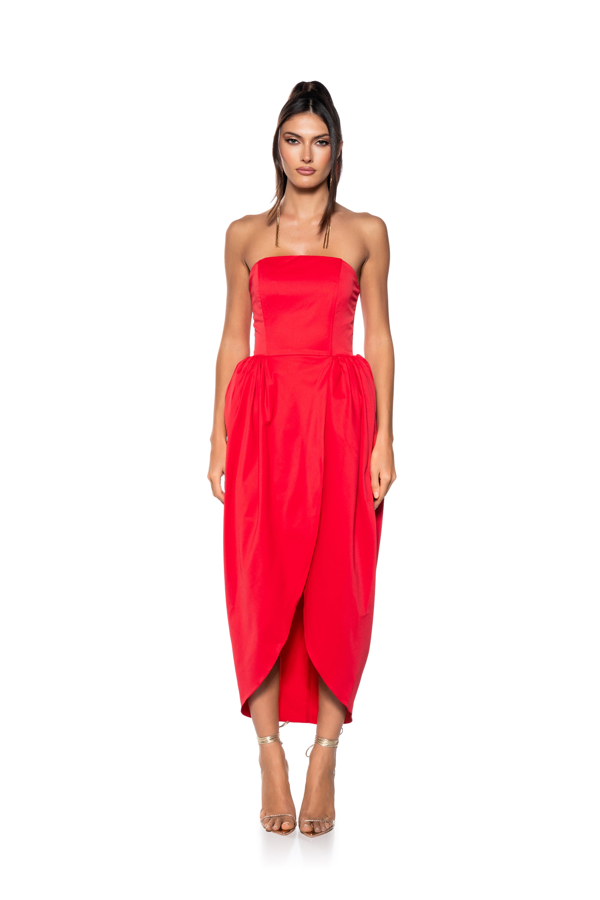 TULIP SKIRT SPAGHETTI STRAP MIDI DRESS IN RED