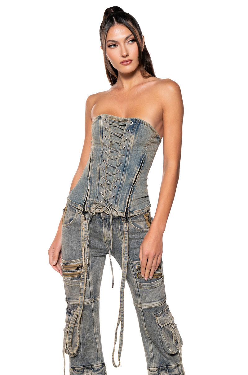 CALIFORNIA GIRL LACE UP DENIM CORSET TOP