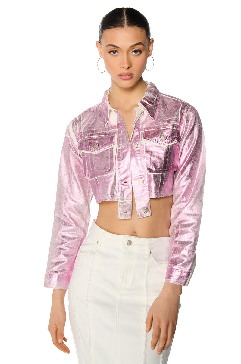 AUBREY BRUSHED METALLIC CROPPED DENIM JACKET IN PINK