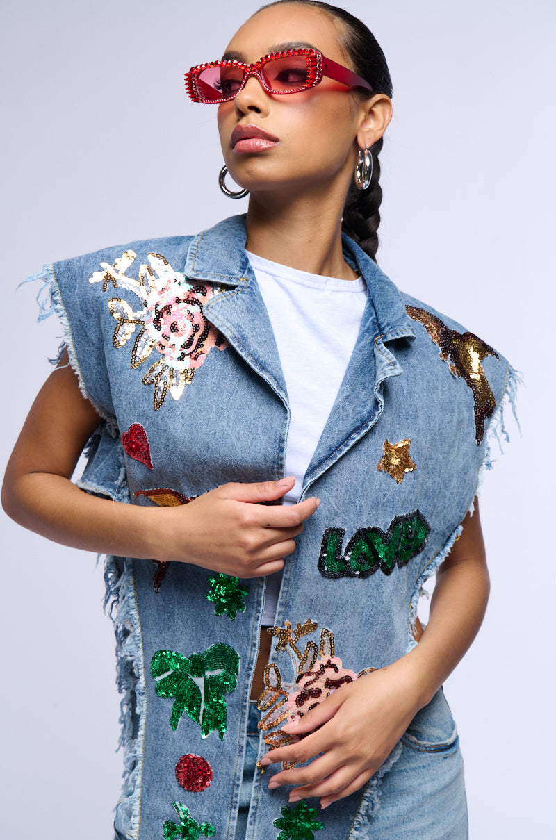 DENIM PATCHWORK SEQUIN VEST