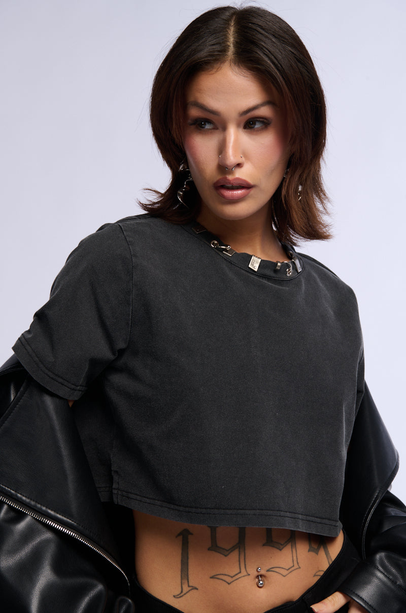 SIMPLE AND CUTE EMBELLISHED NECKLINE SHIRT IN DARK GREY