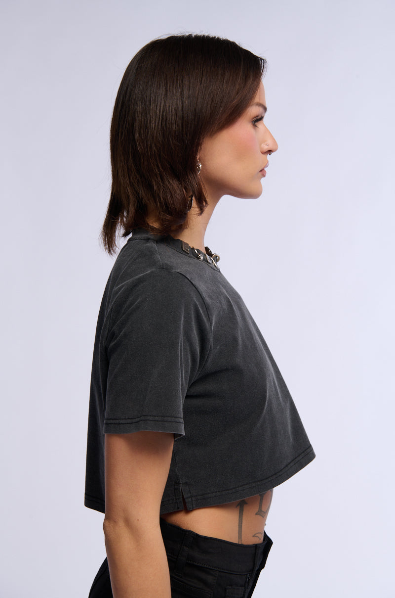 SIMPLE AND CUTE EMBELLISHED NECKLINE SHIRT IN DARK GREY