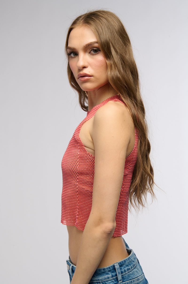 ZELDA RHINESTONE MESH SLEEVELESS TOP IN RED