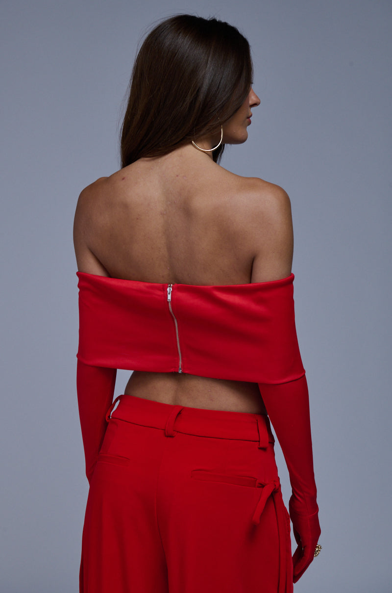 JUST LIKE MAGIC SLINKY OFF THE SHOULDER GLOVED TOP IN RED