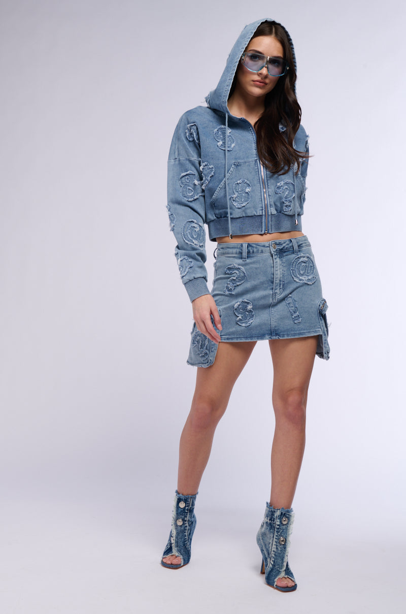 MONEY SIGNS DENIM MINI SKIRT