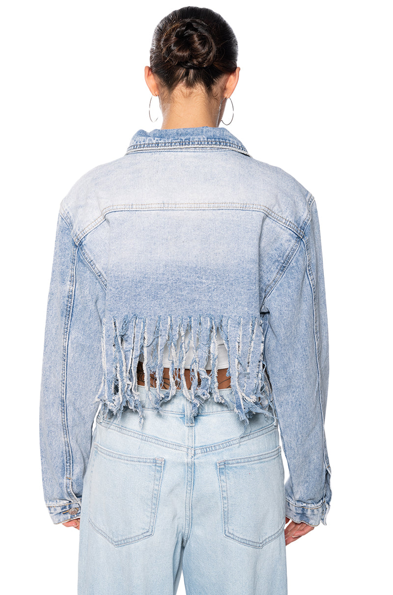 SHREDDED FRINGE CROPPED DENIM JACKET