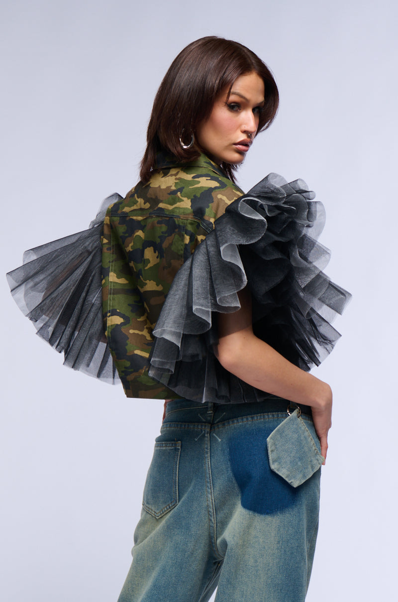 BEBE LUX TULLE SHOULDER CAMO VEST