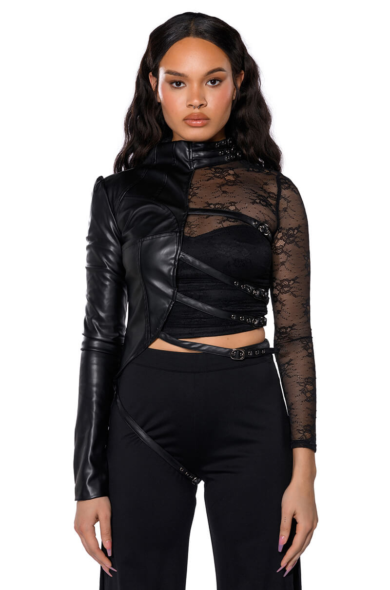 PRETTY RECKLESS FAUX LEATHER HALF THERE TOP IN BLACK