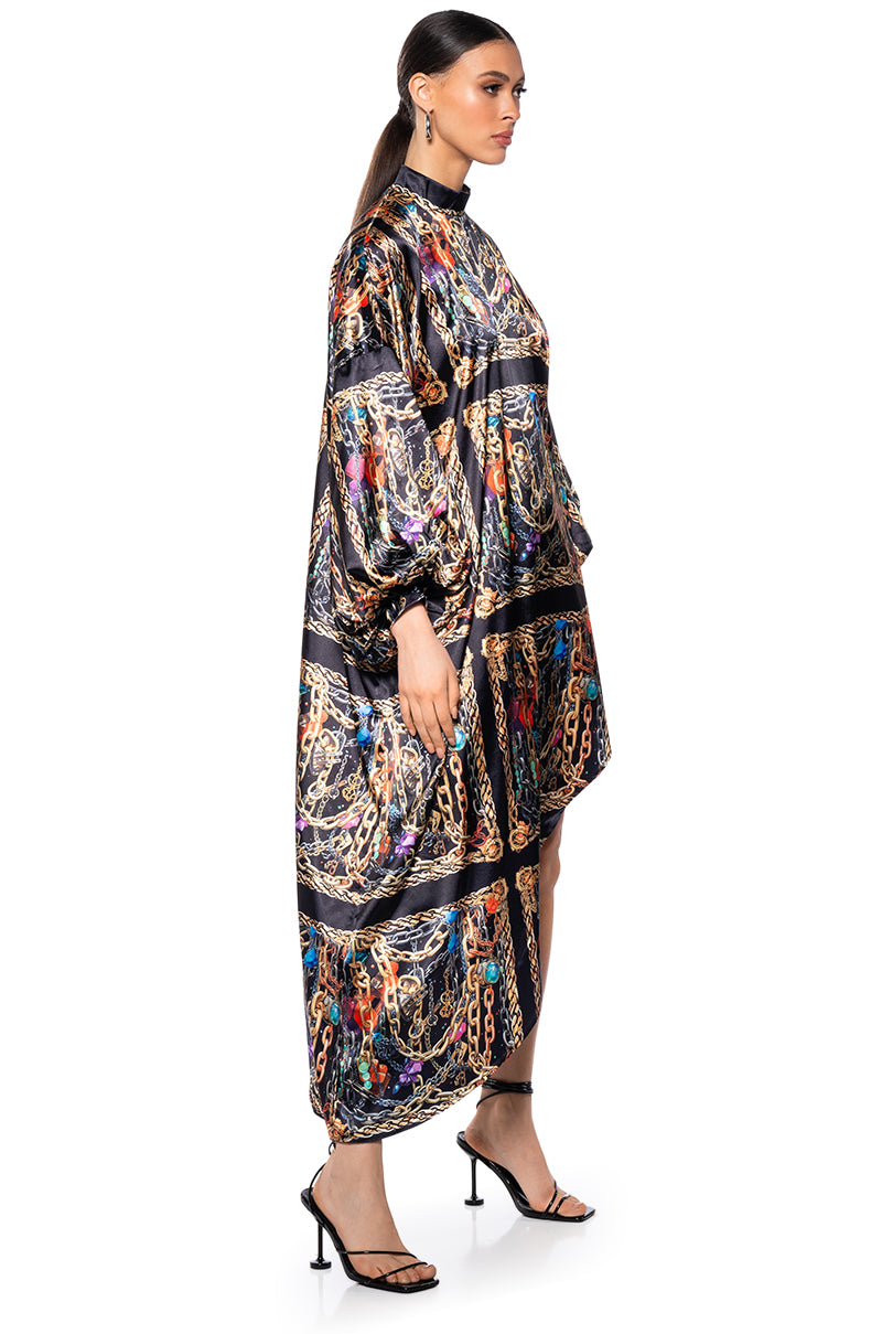 TROPICAL VACAY PRINTED SATIN MAXI DRESS