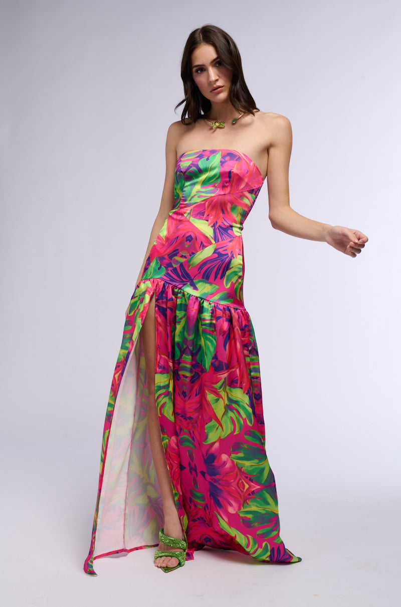 TROPICAL GETAWAY SATIN PRINTED MAXI DRESS