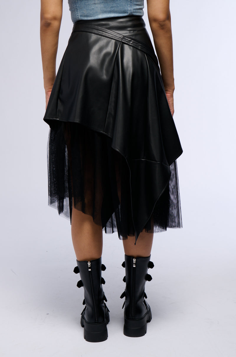 LYRA ASYMMETRICAL FAUX LEATHER MIDI SKIRT