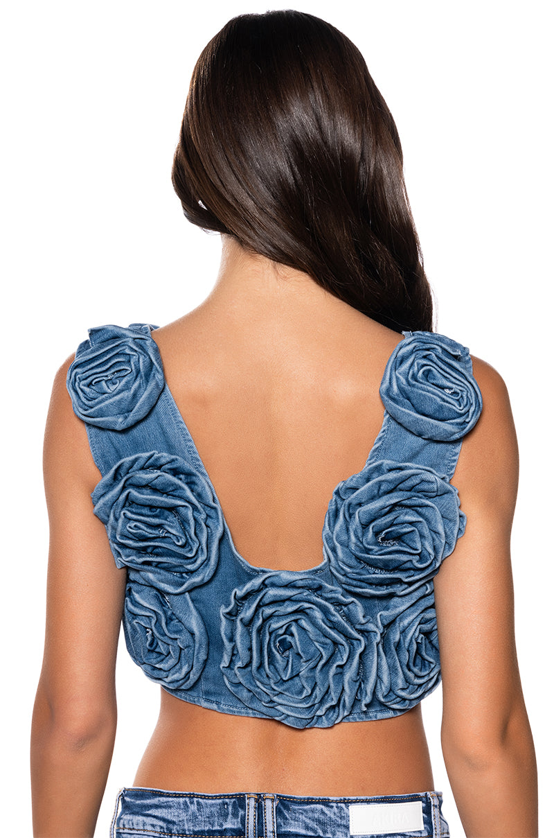 SEASON TO BLOOM SLEEVELESS DENIM FLOWER TOP