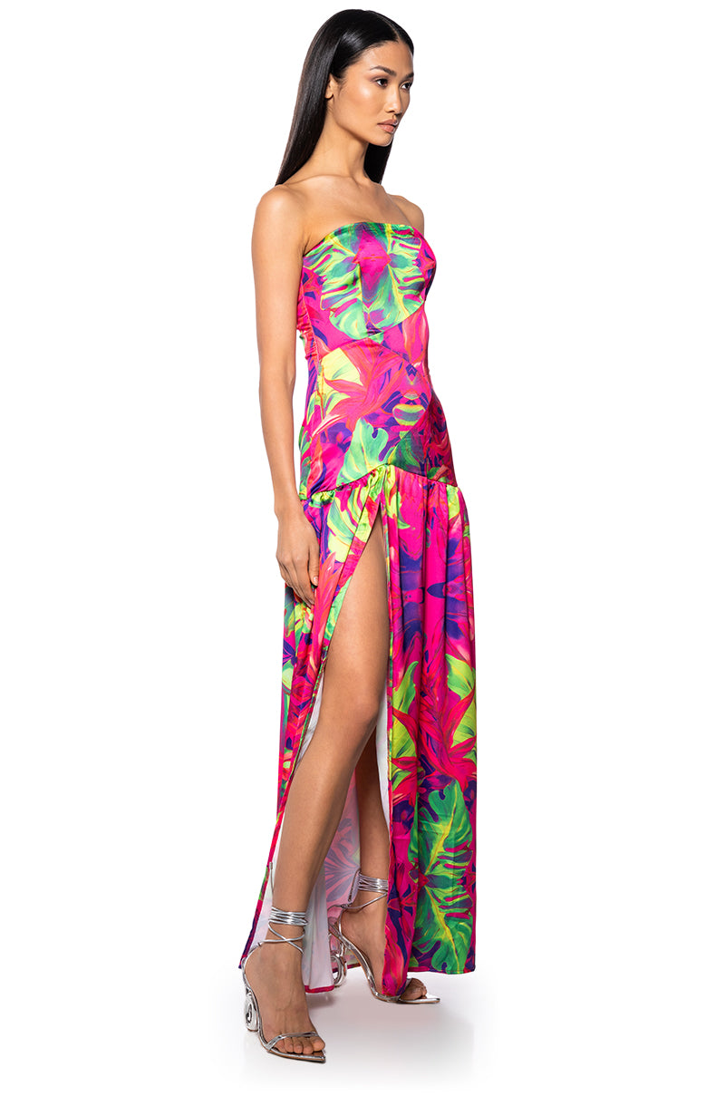 TROPICAL GETAWAY SATIN PRINTED MAXI DRESS