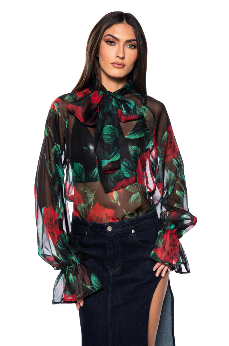 NEVER TOO LATE ROSE PRINT TIE NECK BLOUSE