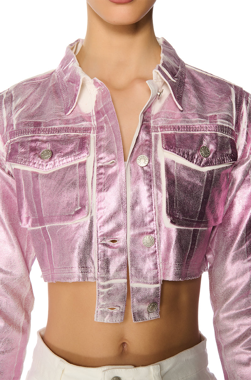 AUBREY BRUSHED METALLIC CROPPED DENIM JACKET IN PINK