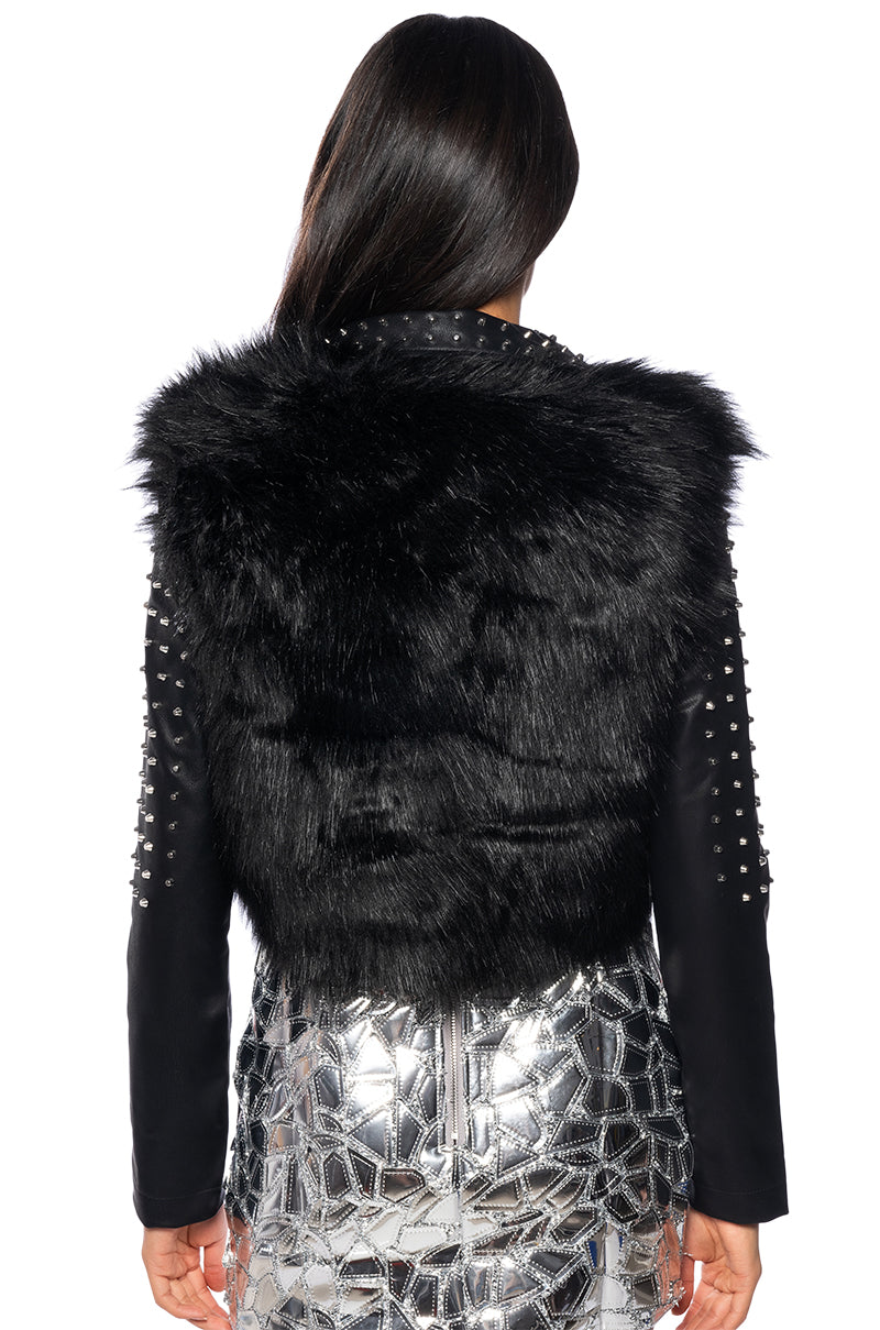 EMMS STUDDED FAUX FUR JACKET