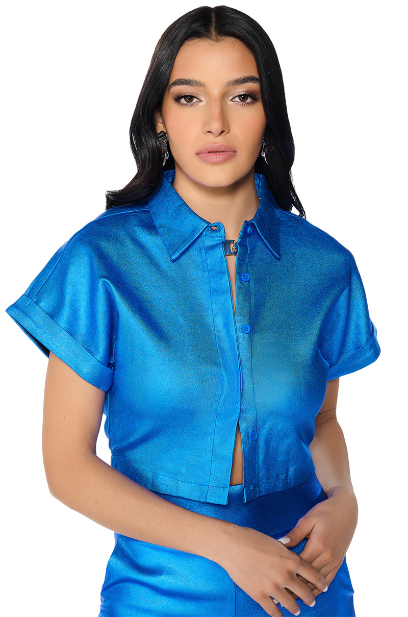 SHAKE IT UP FAUX LEATHER BUTTON DOWN TOP