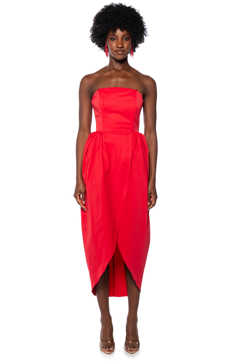 TULIP SKIRT SPAGHETTI STRAP MIDI DRESS IN RED