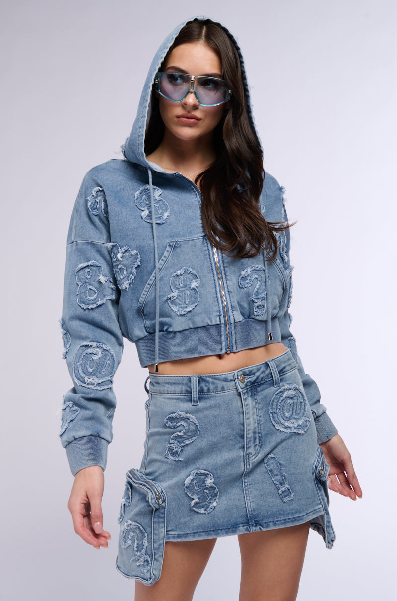 MONEY SIGNS DENIM FRONT ZIP SWEATSHIRT