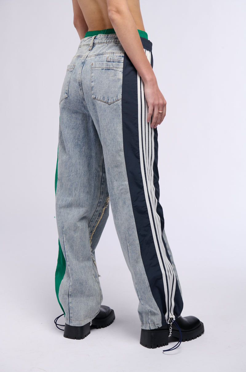 ALL AROUND THE WORLD PATCHWORK DENIM JOGGER PANT IN GREEN MULTI