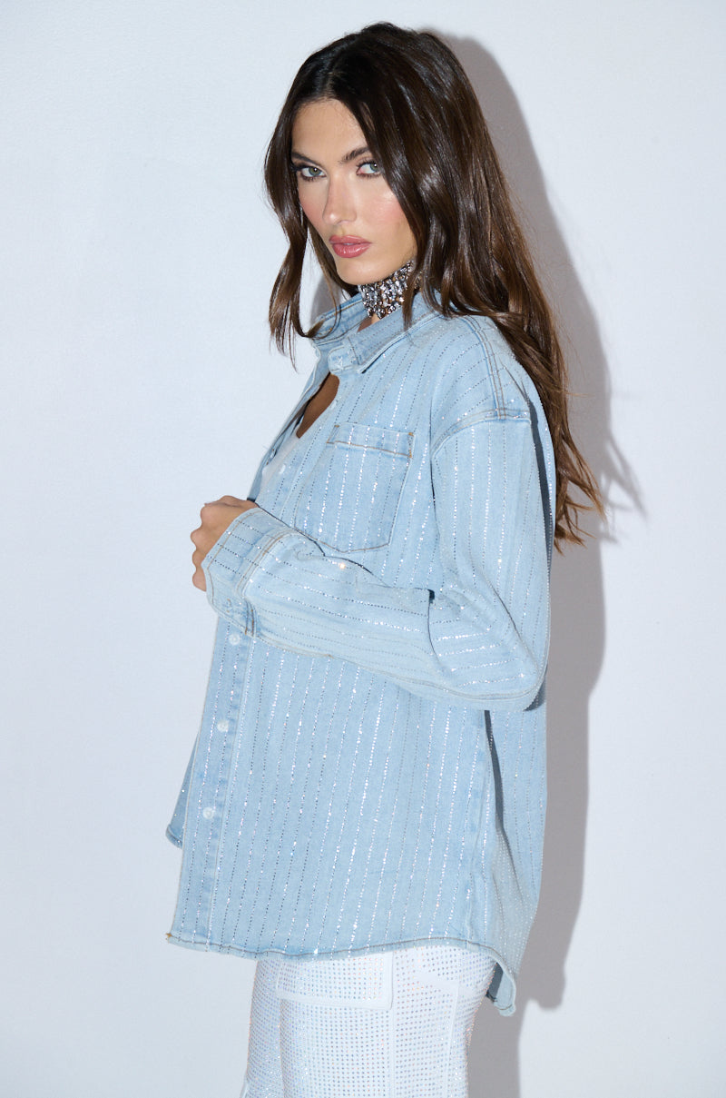 EFFORTLESS GLAM RHINESTONE STRIPE DENIM BUTTON DOWN