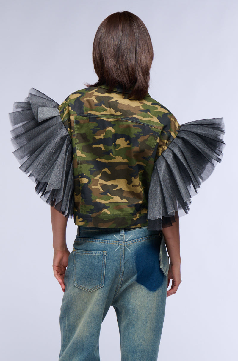 BEBE LUX TULLE SHOULDER CAMO VEST