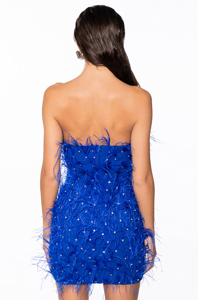 PRIMROSE STRAPLESS EMBELLISHED FEATHER MINI DRESS IN BLUE