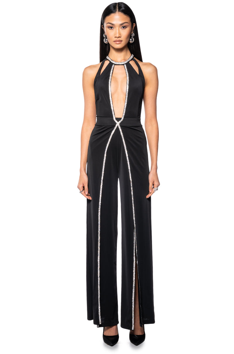 A LITTLE BIT OF CLASS RHINESTONE CUT OUT JUMPSUIT