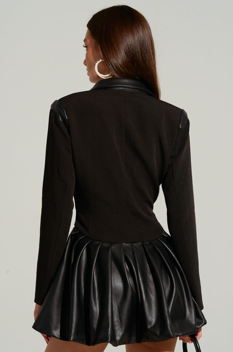 BACK TO BUSINESS FAUX LEATHER DETAIL PLEATED BLAZER DRESS