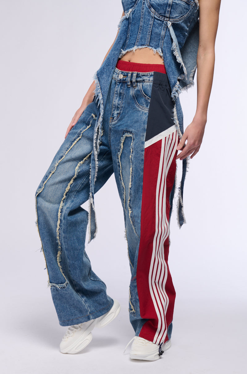 ALL AROUND THE WORLD PATCHWORK DENIM JOGGER PANT IN RED MULTI