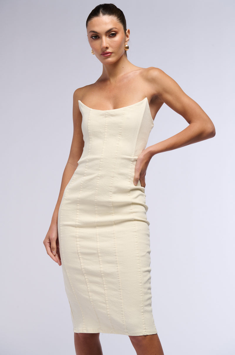 LIZA DENIM MIDI DRESS IN WHITE