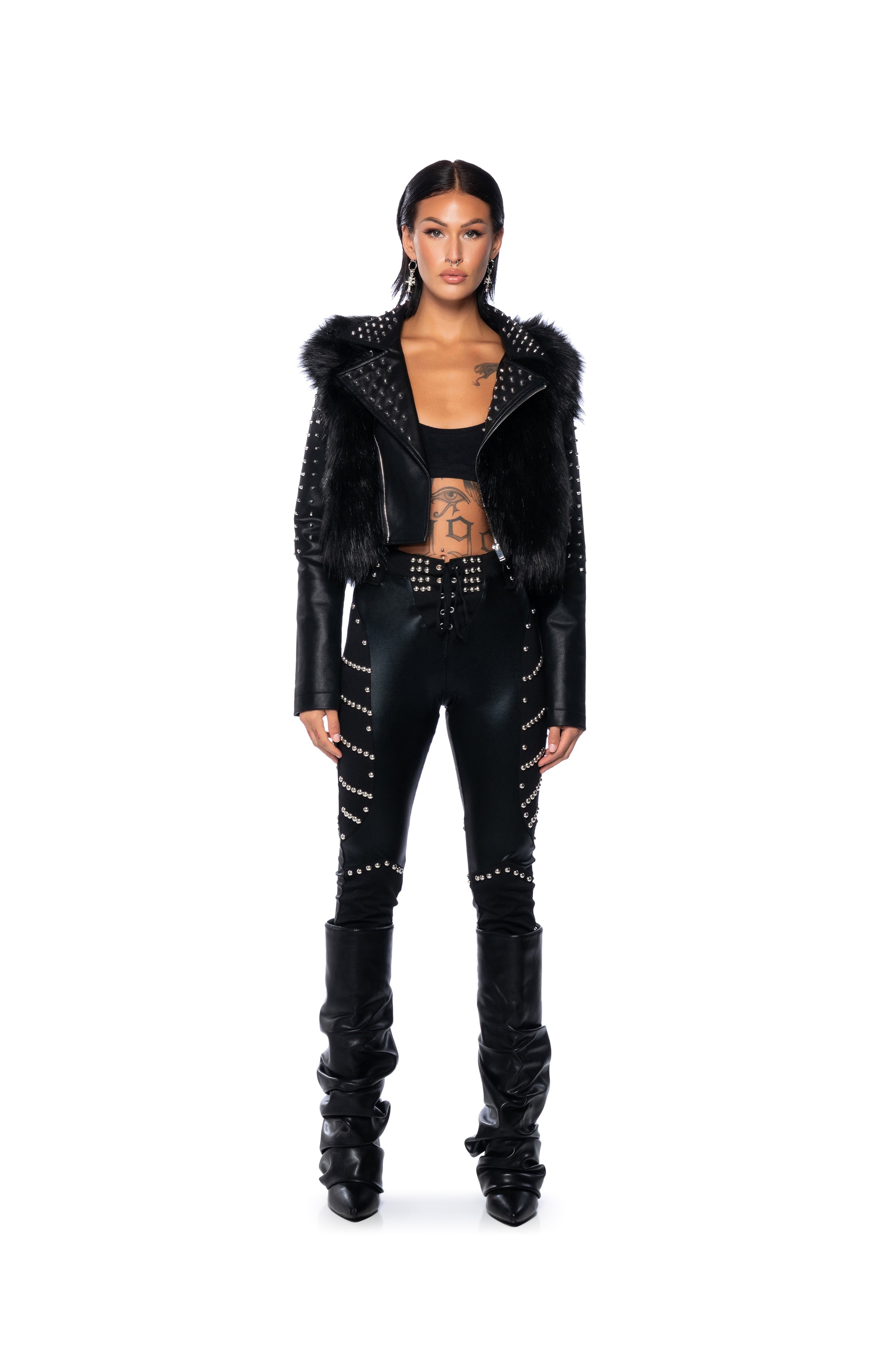 EMMS STUDDED FAUX FUR JACKET