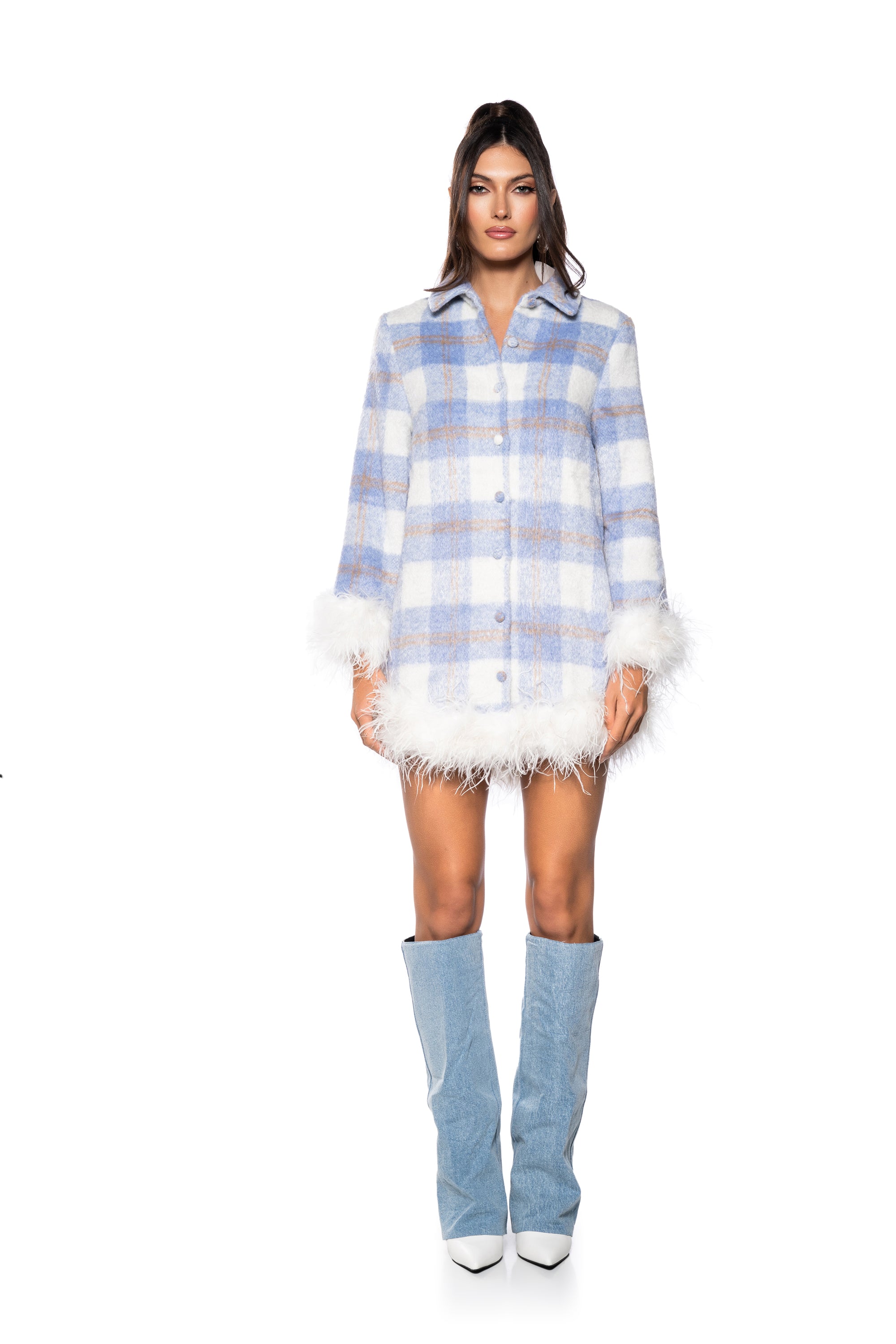 PAZAZZ PLAID MINI DRESS WITH FUR