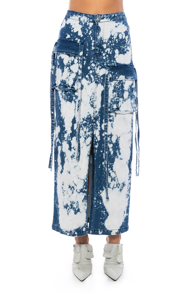 HEY NOW ACID WASH CARGO DENIM MAXI SKIRT