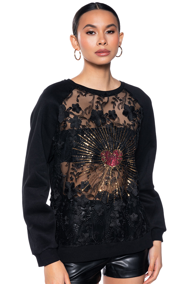 QUEEN OF HEARTS LACE DETAIL PULL OVER SWEATSHIRT