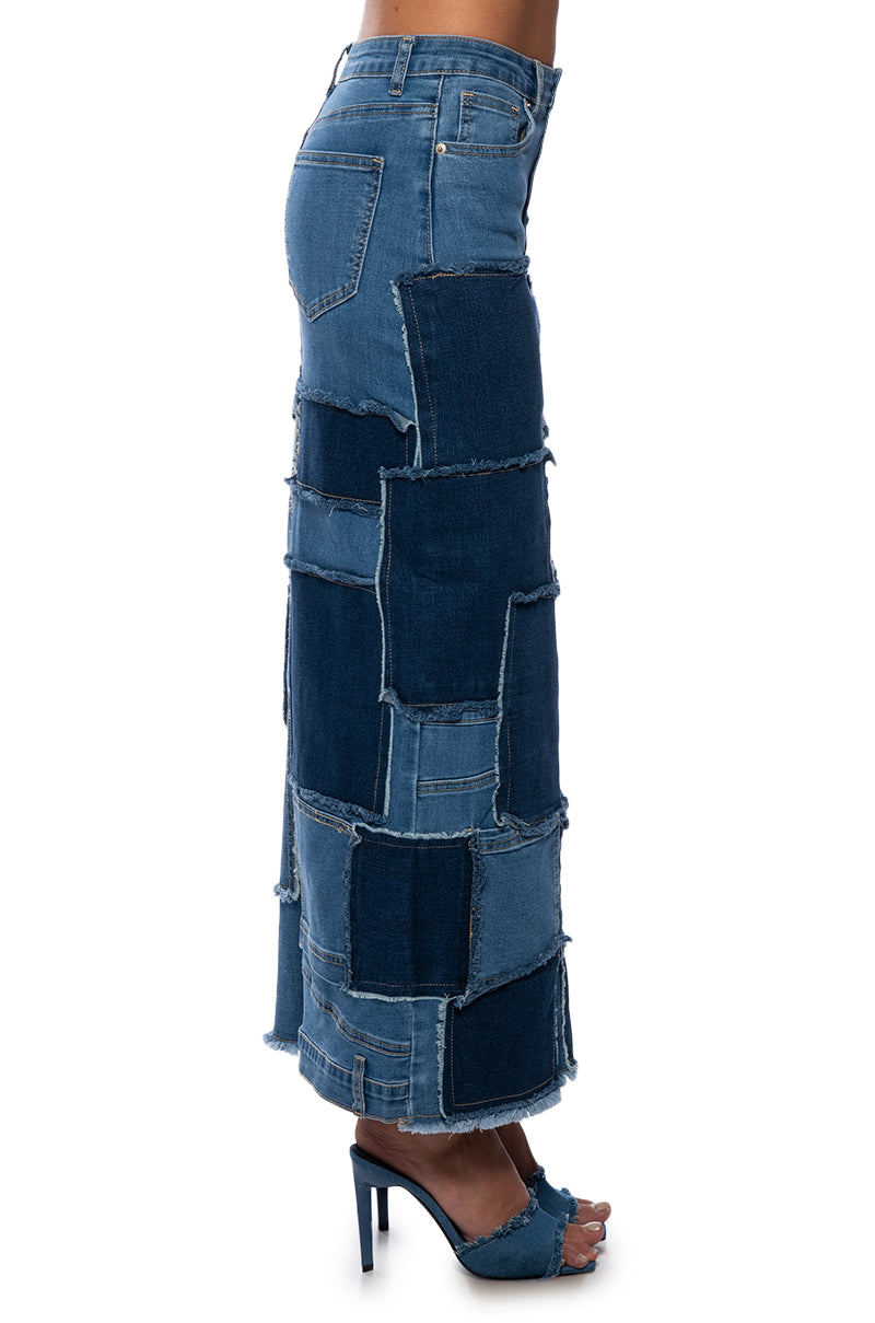 ALWAYS GOOD PATCHWORK DENIM MAXI SKIRT